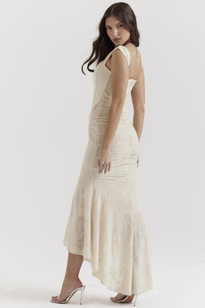 Floral Jacquard Off-Shoulder Corset Ruched High-Low Mermaid Maxi Gown