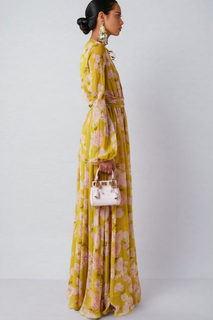 Giselle Floral Lace Up Puff Sleeve Maxi Dress