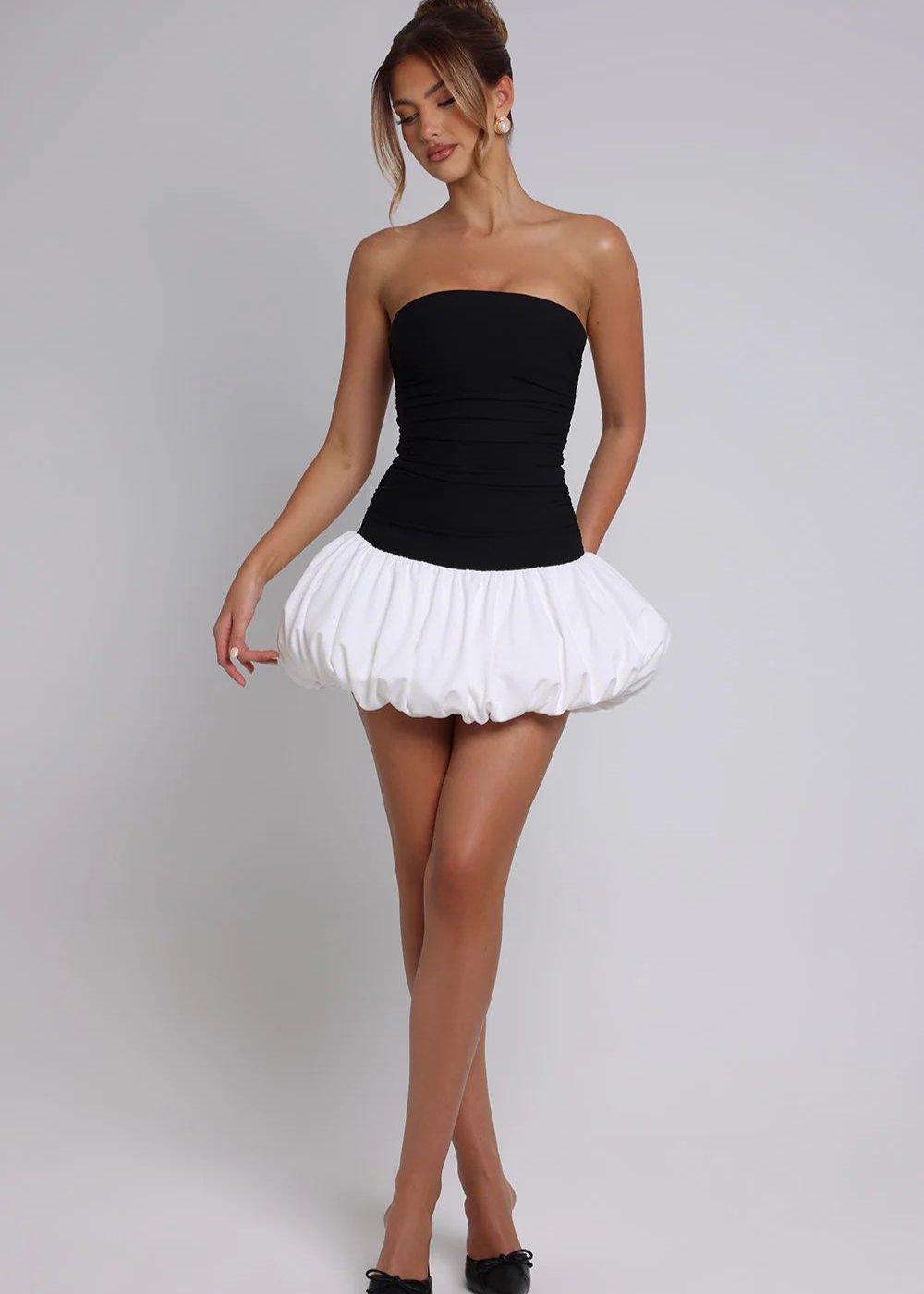 Strapless Ruched Bodice Drop Waist Bubble Hem Pocket Mini Dress
