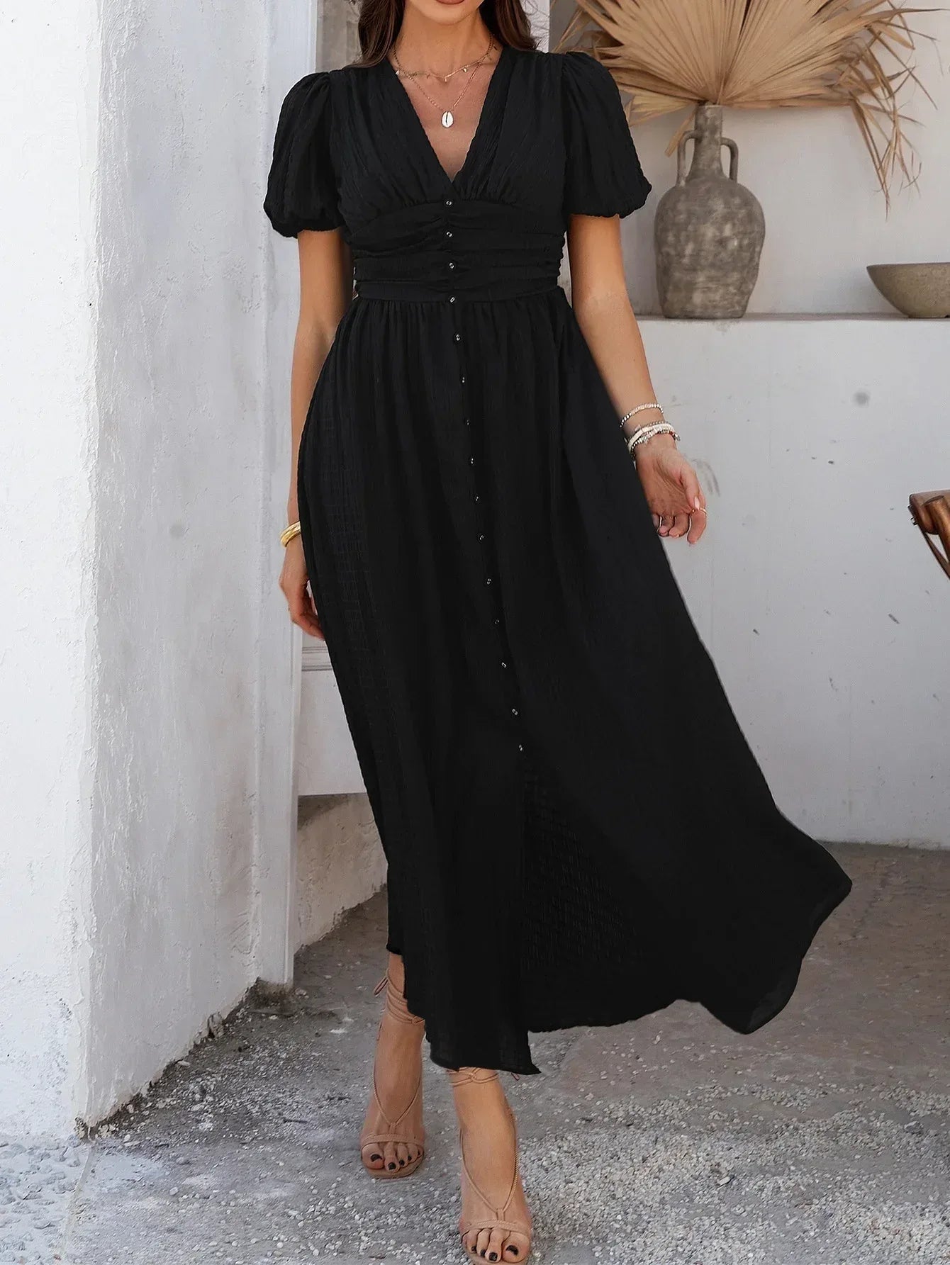 Black Puff Sleeve Maxi Summer Dress