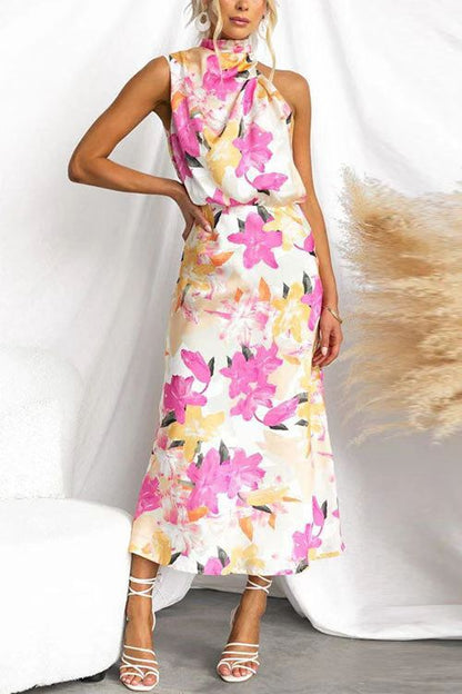 Floral Print Sleeveless Waisted Resort Maxi Dress