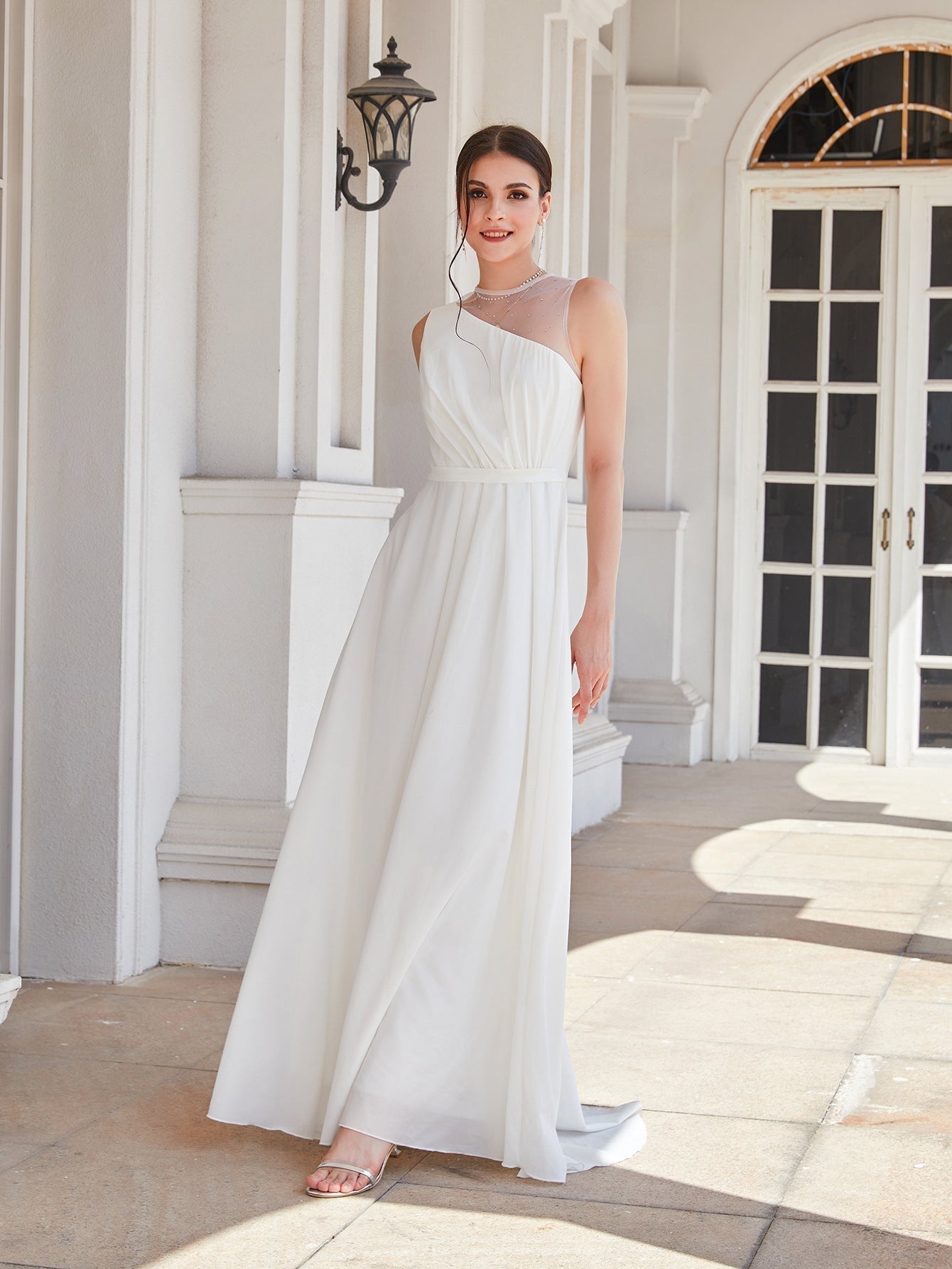 One Shoulder Illusion Mesh Panel Ruched Bodice A-Line Maxi Dress