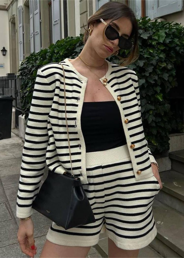 Marseille Knit Set Striped Cardigan & High-Waisted Shorts