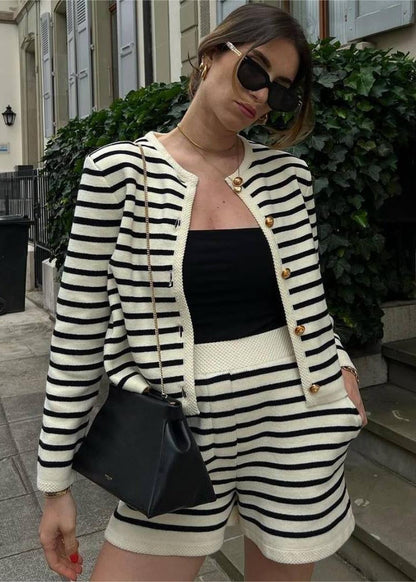 Marseille Knit Set Striped Cardigan & High-Waisted Shorts