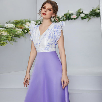 High Waist V neck Petal Sleeve Digital Printing Stitching Dress