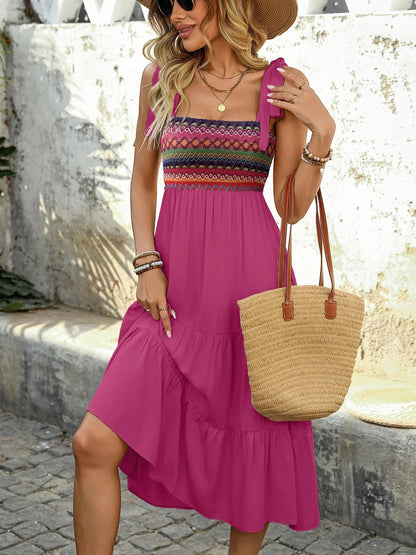 Magenta Embroidered Midi  Summer Boho Dress