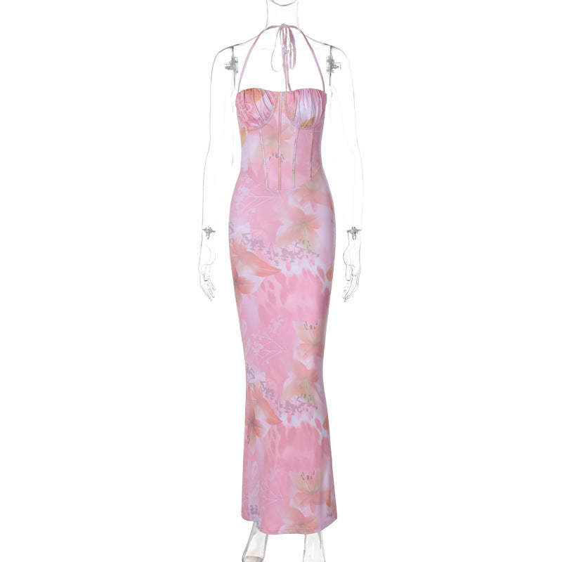 Printed Wrapped Chest Halter Slim Fit Dress