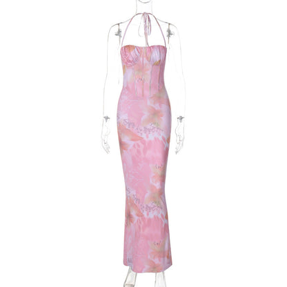 Printed Wrapped Chest Halter Slim Fit Dress