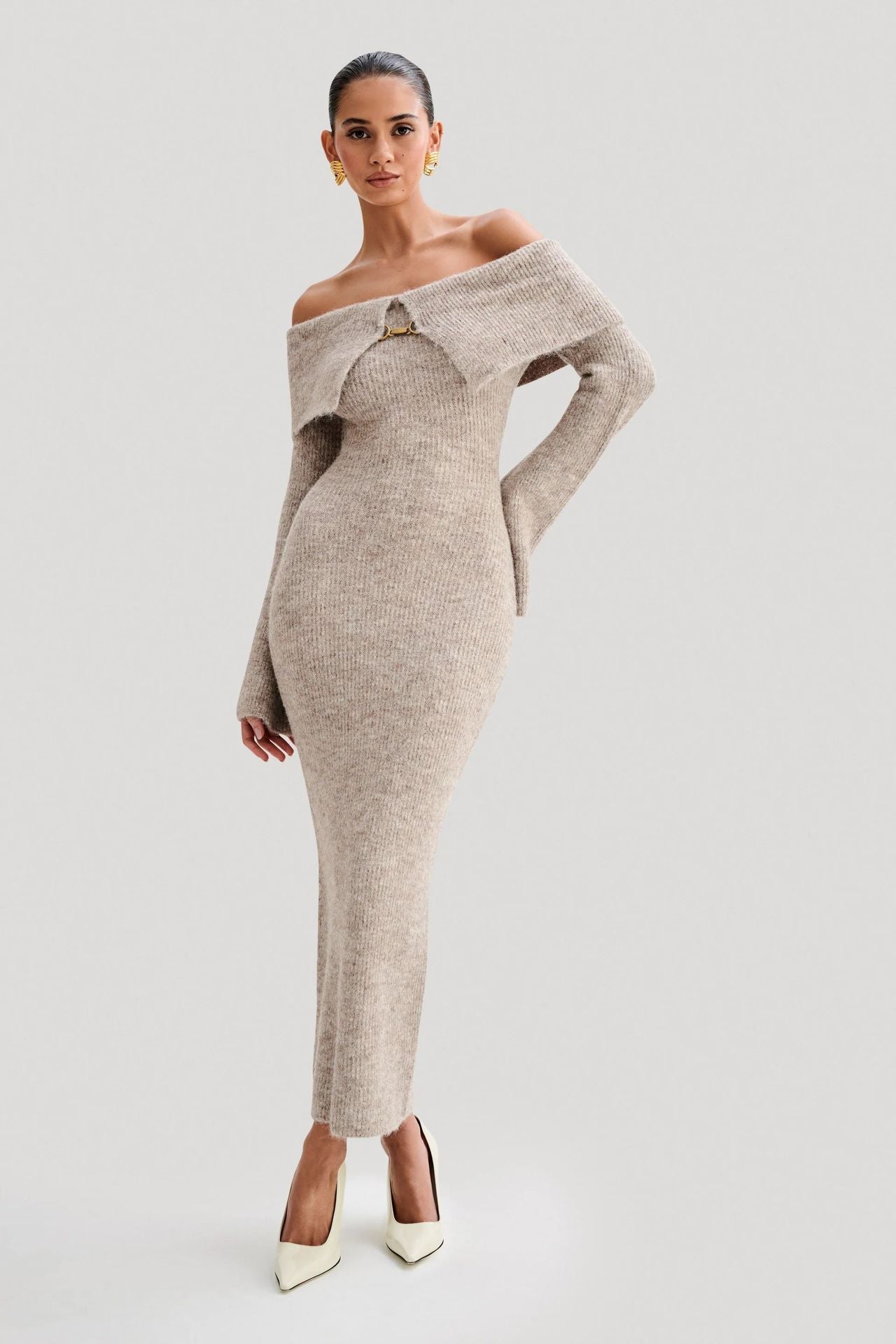 Slim Fitted Off-Shoulder Long Sleeve Sweater Dress