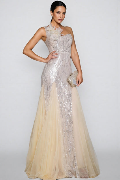 Trevt Single Shoulder Sequined Slit Maxi Dress