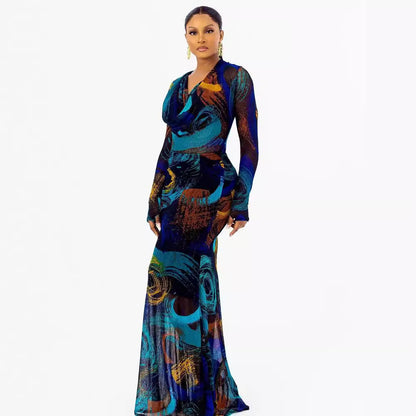 Printing Long Sleeve Narrow Slim Fit Dress Long