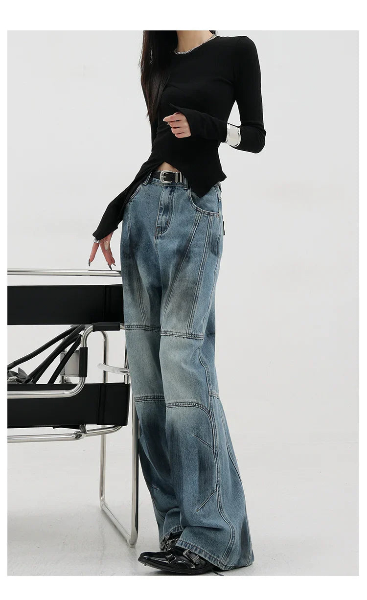 Vintage Distressed And Dirt-Dyed Patchwork Wide-Leg Jeans