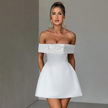 Elegant Slim Fitting Patchwork off the Shoulder Gown Dress