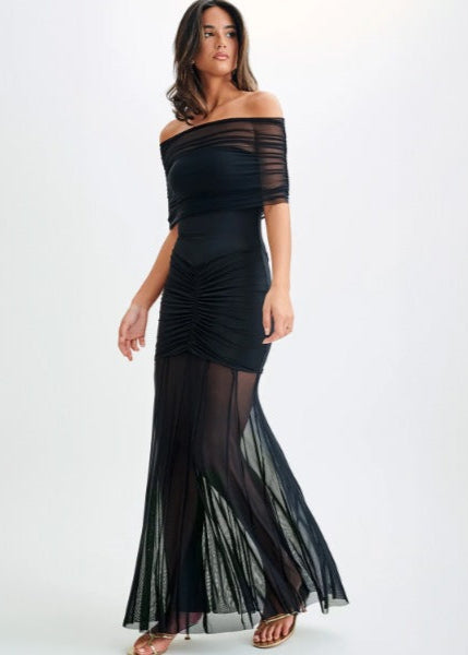 Off-Shoulder Ruched Mesh Overlay Pleated Sheer Skirt Bodycon Maxi Gown