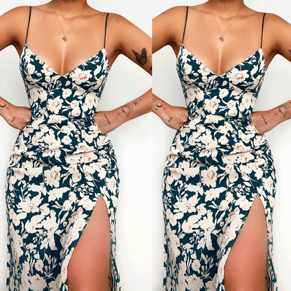 Digital Floral Print Fresh Sweet V-neck Strap Dress