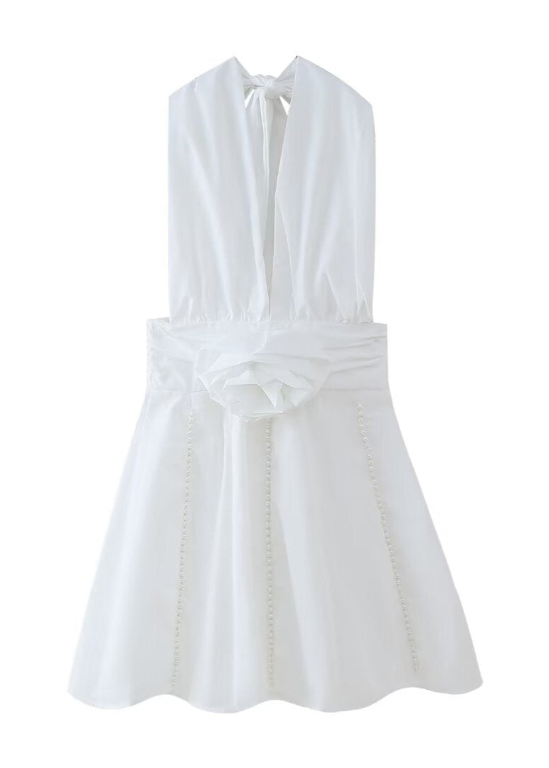 Halter Deep V Neck Ruched Waist Pearl Trim Panel Bell Mini Dress