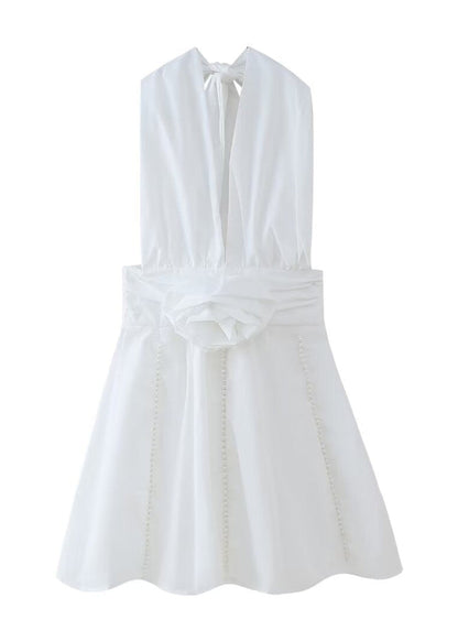 Halter Deep V Neck Ruched Waist Pearl Trim Panel Bell Mini Dress