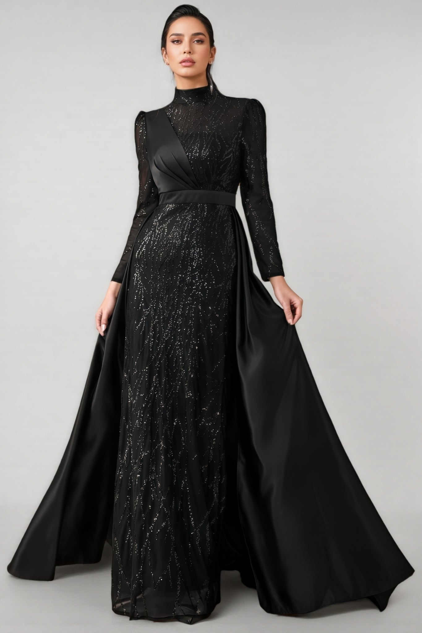 Moto Sequin Satin Long-Sleeved Maxi Dress