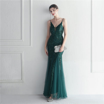 Popular Mesh Beads Sequined Dress Long Evening Dress Star Event Exhibition Stage
