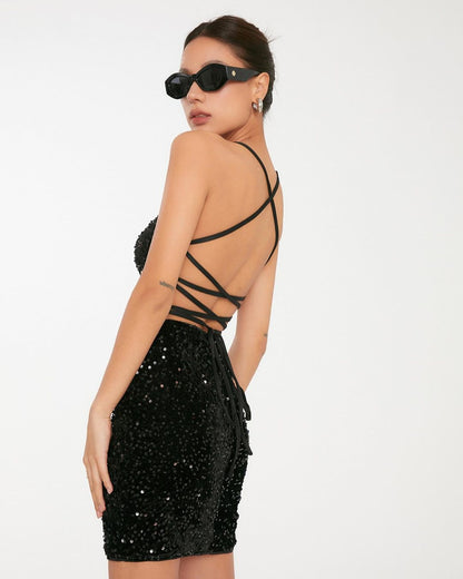 Strappy Sleeveless Sequined Mini Bodycon Dress H1731