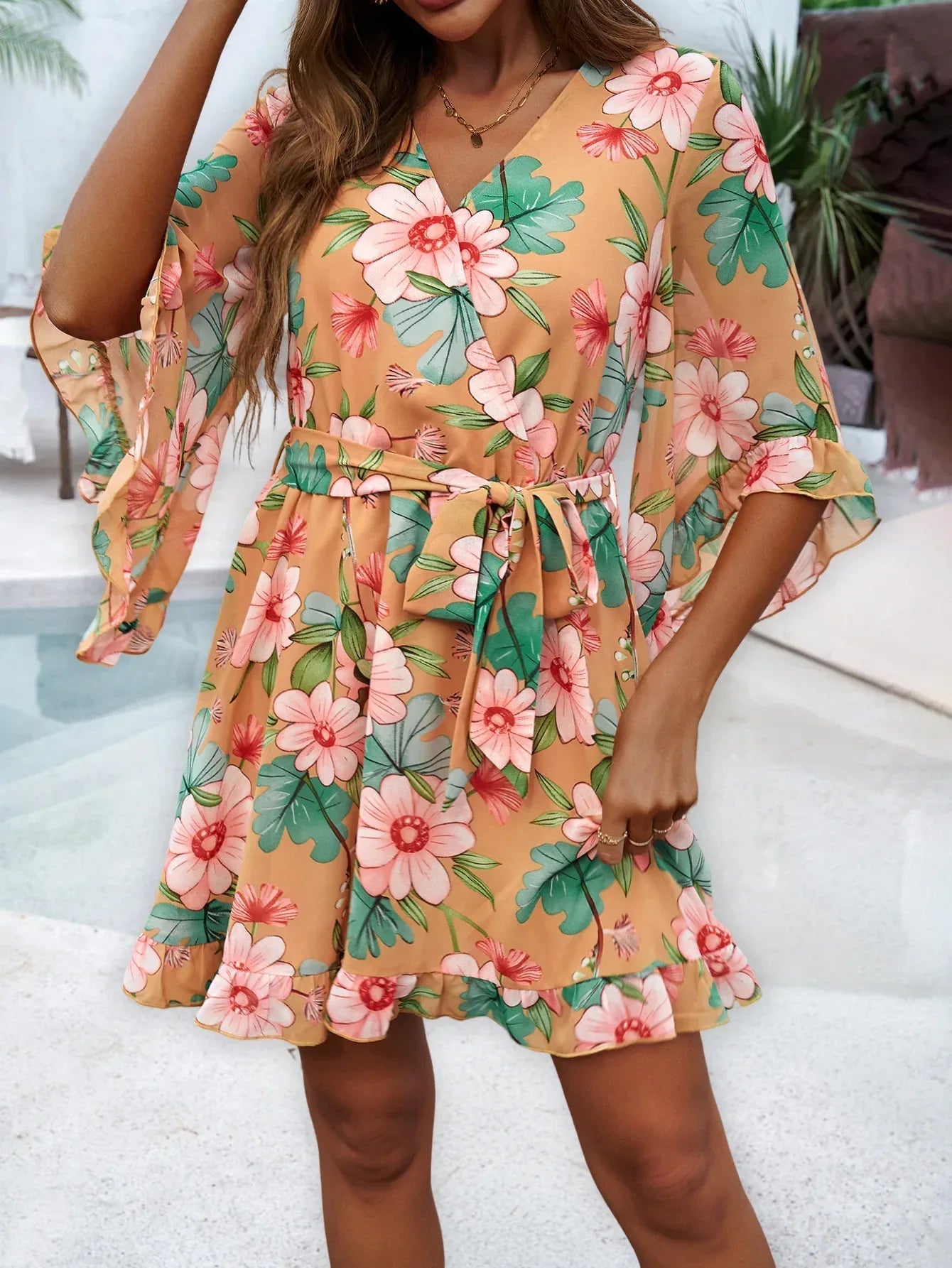 RUFFLE FLORAL WRAP MINI DRESS – ORANGE FLORAL