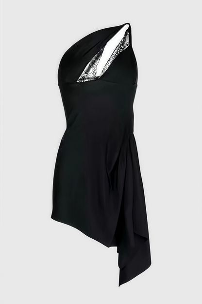 Miroa Slant Shoulder Lace Cutout Mini Dress