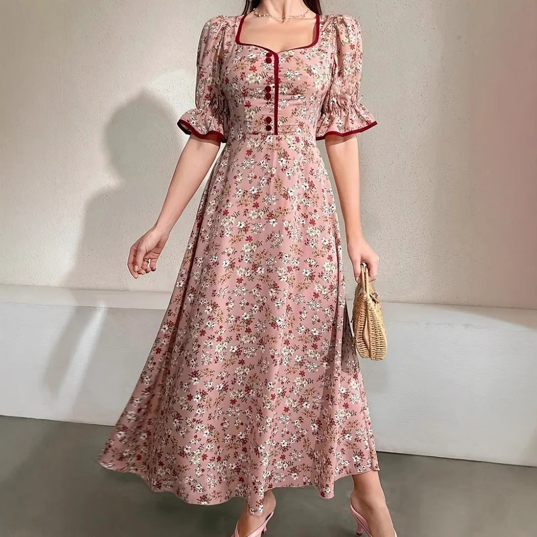 Ditsy Floral Square Neck Puff Sleeve Button Placket Contrast Trim Maxi Dress