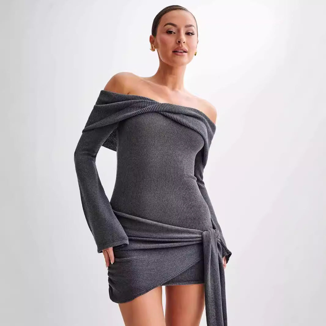 Off Shoulder Twist Front Long Sleeve Side Knot Tie Bodycon Mini Dress