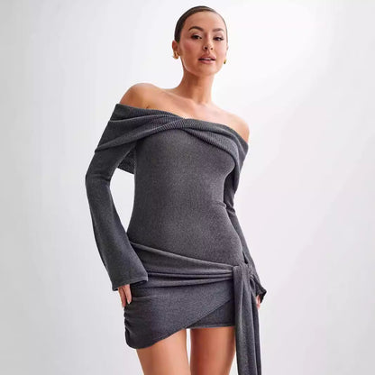 Off Shoulder Twist Front Long Sleeve Side Knot Tie Bodycon Mini Dress