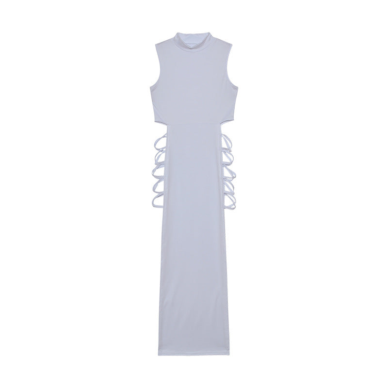 Mock Neck Sleeveless Side Lace-Up Cutout Bodycon Maxi Dress