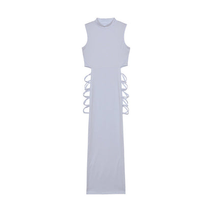 Mock Neck Sleeveless Side Lace-Up Cutout Bodycon Maxi Dress