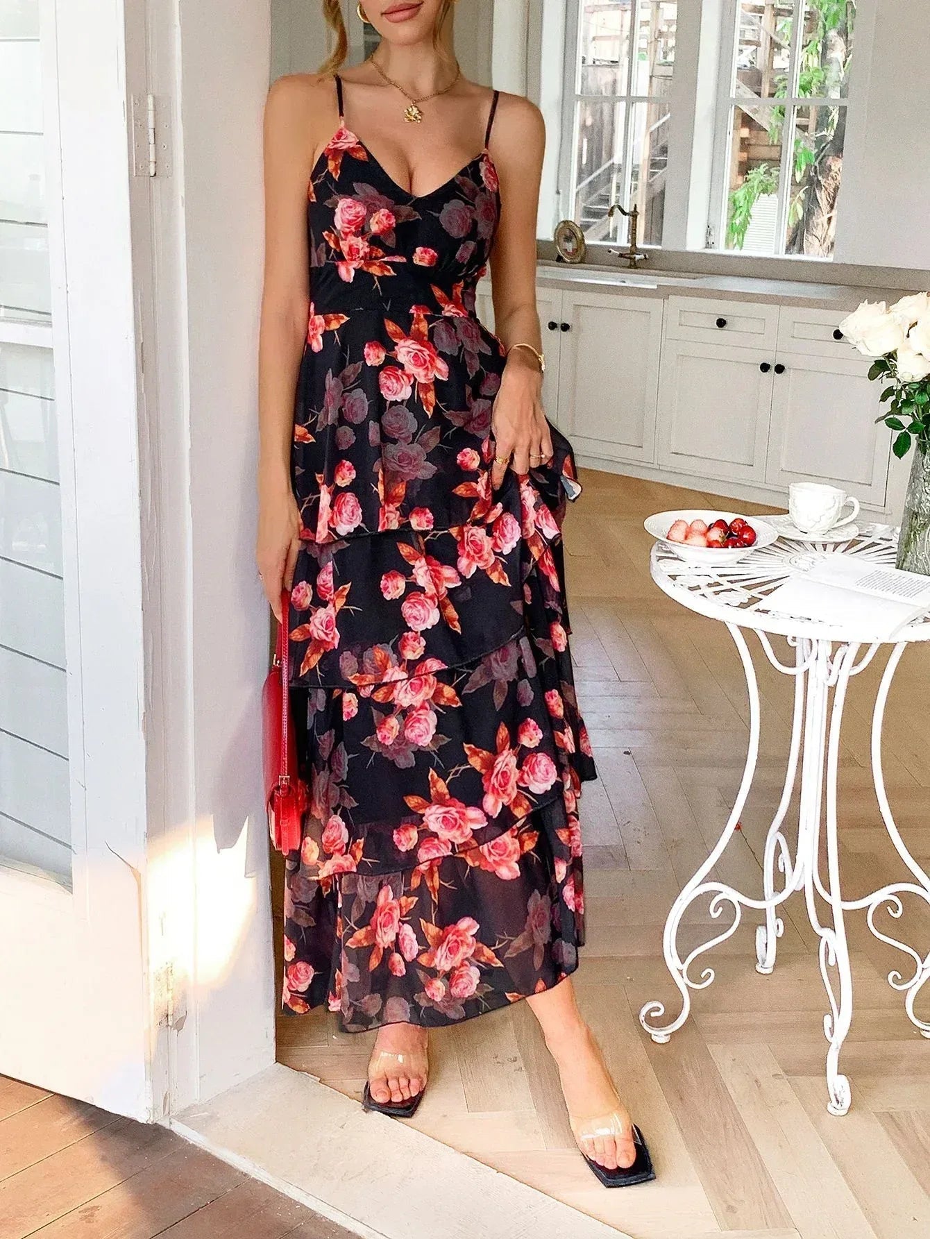 Tiered Chiffon Maxi Dress Floral Bridal Shower Summer Gown