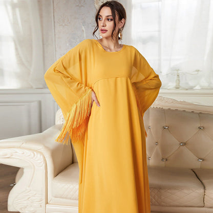 Arrival Tassel Long Blouse Mesh Dress Solid Color Suit