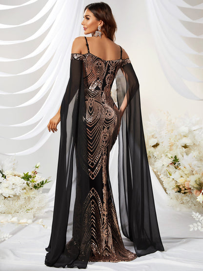 Dress Sequin Off The Shoulder Sling Ball Evening Dress Waist Hip Wrapped Fishtail Dress