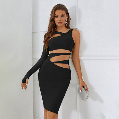 Hollow Out Cutout Irregular Asymmetric One Shoulder Dress Elegant Bodycon Long Sleeve Bandage Dress