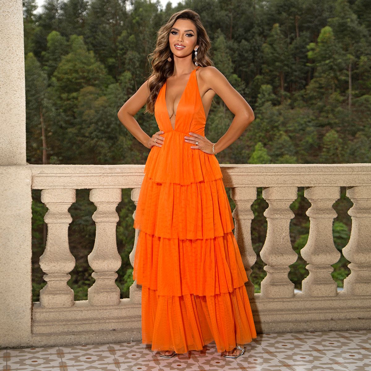 Deep V Neck Spaghetti Strap Tiered Ruffle Tulle Maxi Dress