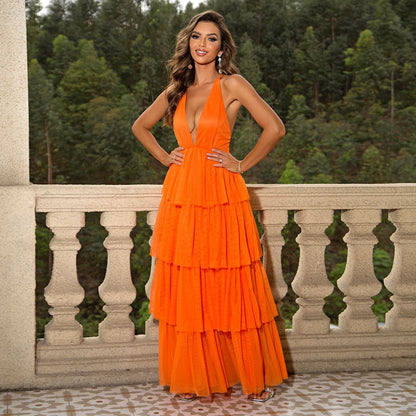 Deep V Neck Spaghetti Strap Tiered Ruffle Tulle Maxi Dress