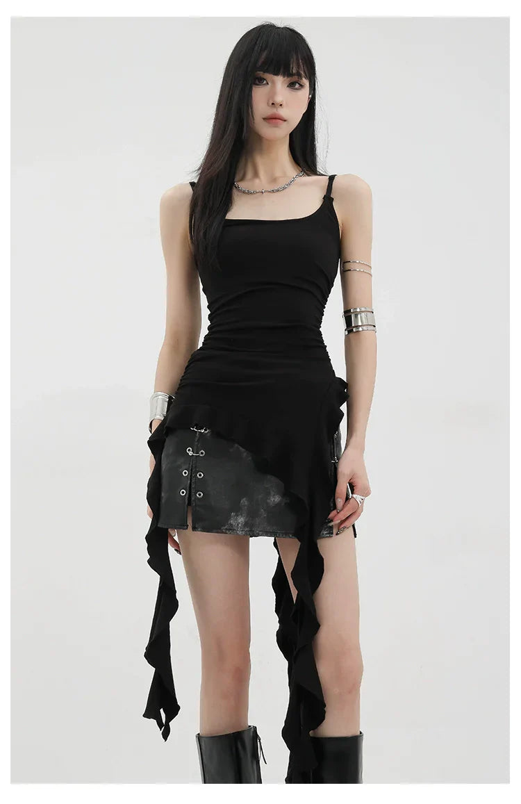 Black Asymmetric Ribbon Strap Tank Top With Ruffle Edge Design