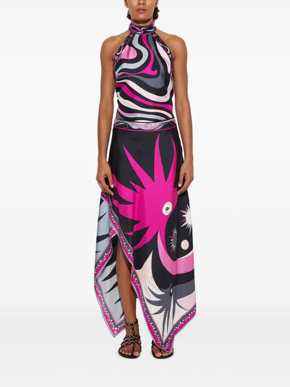 Satin Unique Print Halter Top and Irregular Midi Skirt Set