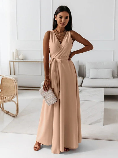 Satin Wrap V-Neck Tie Waist Sleeveless A-Line Maxi Dress