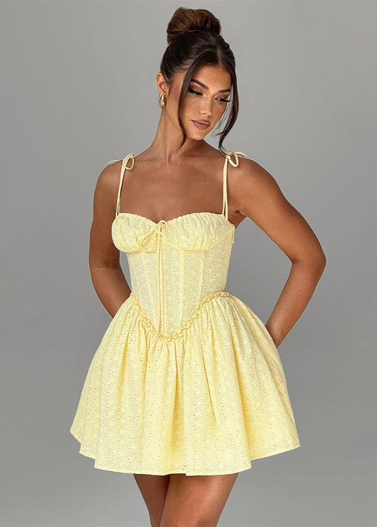 Eyelet Lace Corset Bustier Tie Strap Basque Waist Fit and Flare Mini Dress