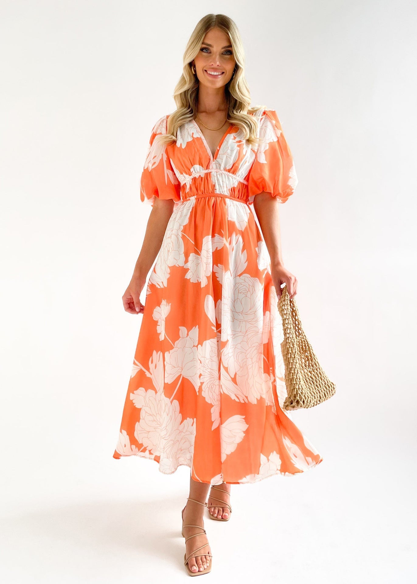 Printed V neck Puff Sleeve Large Swing Dress for