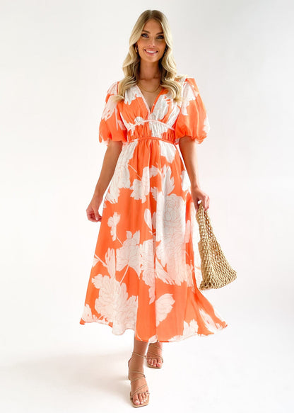 Printed V neck Puff Sleeve Large Swing Dress for