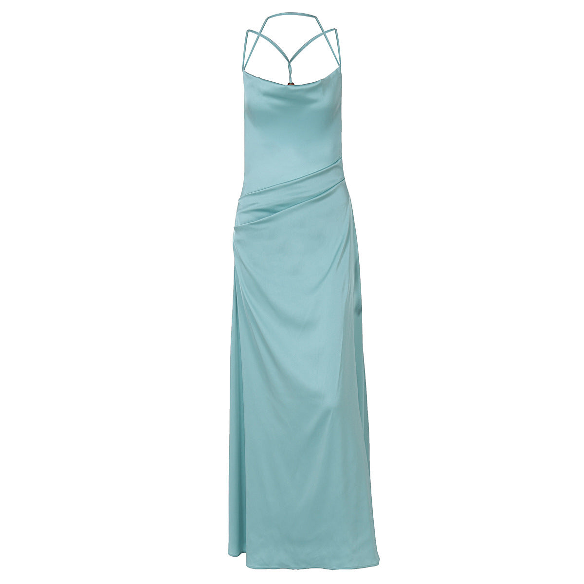 Cross Back Spaghetti Strap Deep V Back Satin Slip Maxi Dress