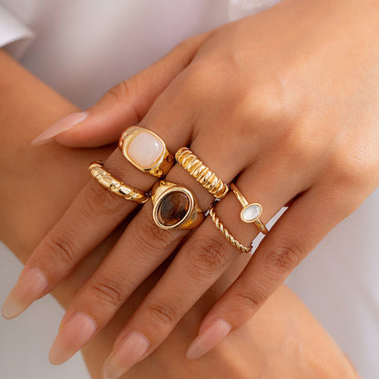 6-Piece Irregular Gemstone Metal Ring Set