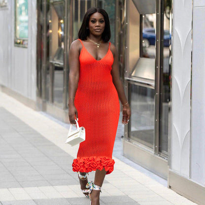 Personalized Sling Backless Wooden Ear Knitted Slim Fit Maxi Dress