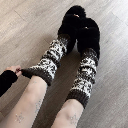 Retro Snowflake Knit Slouchy Red Leg Warmers