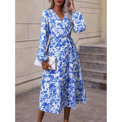 Toile Floral Print Surplice V-Neck Lantern Sleeve Tie Waist Side Slit Midi Dress