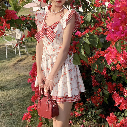 Small Flying Sleeve Floral Plaid Dress