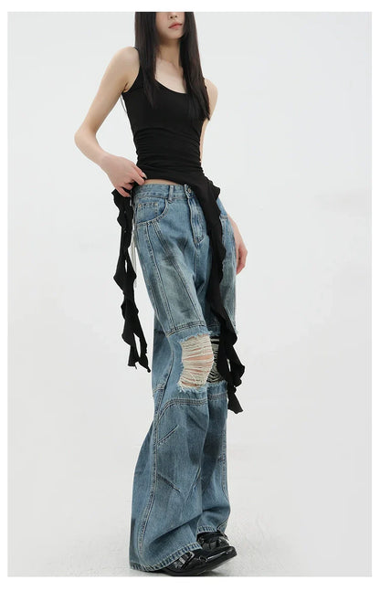 Vintage Distressed And Dirt-Dyed Patchwork Wide-Leg Jeans